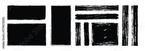 Straight line vector brush strokes. rectangular grunge template backgrounds. Rough grunge linocut stamp thick paint line textures. Grungy border lines. Black square shapes