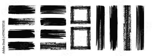 Straight line vector brush strokes. rectangular grunge template backgrounds. Rough grunge linocut stamp thick paint line textures. Grungy border lines. Black square shapes
