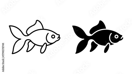 Goldfish icon set, showcasing aquatic pets in both outline and solid styles, perfect for aquarium or pet themes