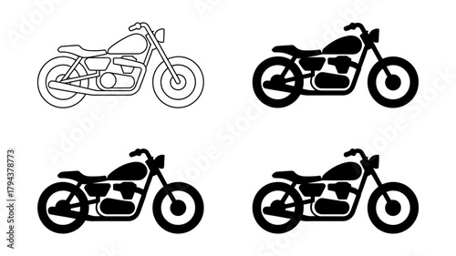 Four motorcycles, two in black outline and two in solid black