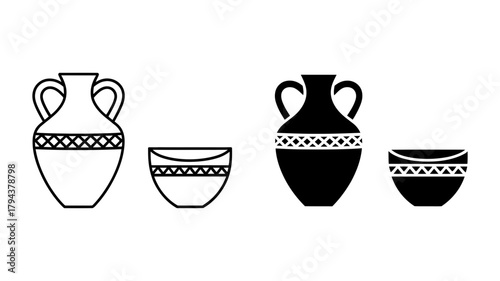 Ancient vase and bowl symbol of history, culture, archeology, and traditional pottery in a simple and minimalist style