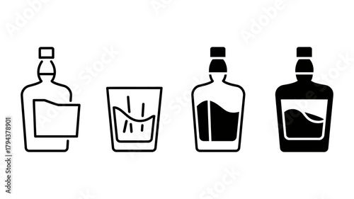 Whiskey bottle and glass icon set collection of alcohol drink symbols vector illustration of liquor bottle and glass