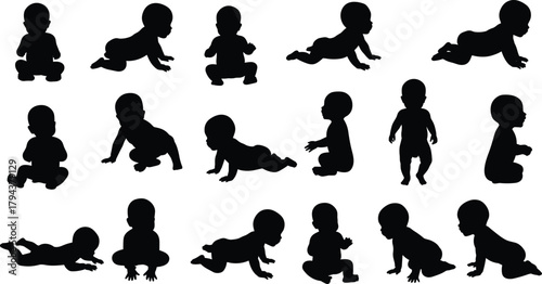 Baby silhouette collection, crawling baby poses, infant movement stages, toddler actions, child development illustration, black baby icons, isolated vector set