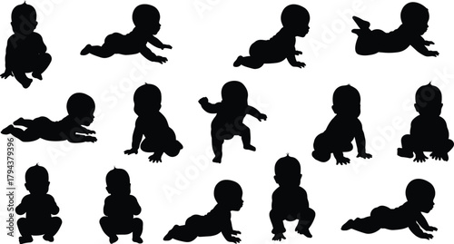 Baby silhouette crawling, sitting, reaching, lying, infant movement poses, black outline, developmental stages, toddler actions, isolated white background, vector illustration