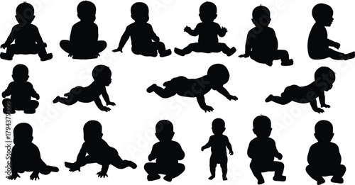 Baby silhouette collection, infant poses, crawling, sitting, standing, walking stages, child development, toddler movement, growth milestones, pediatric illustration set