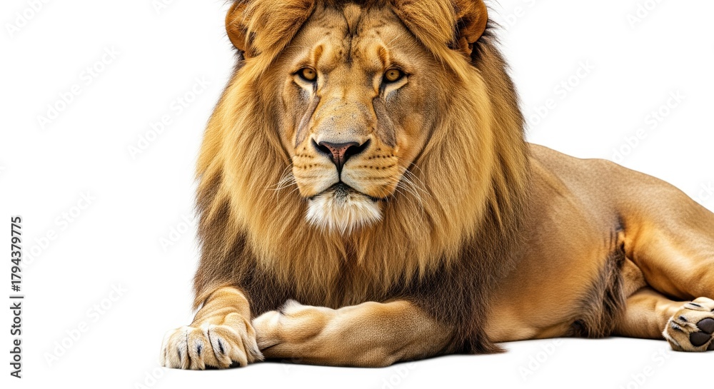 Fototapeta premium Majestic male lion resting on white surface, showing golden mane and powerful build. Perfect for wildlife content, safari themes, nature blogs, or strength and courage concepts.