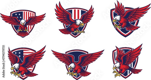 Bald eagle illustration, patriotic shield design, American freedom symbol, fierce bird pose, USA emblem, national pride, aggressive eagle artwork, stars stripes
