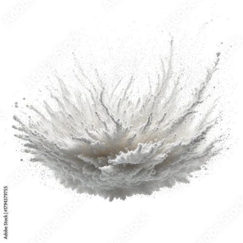 Flour explosion against black. White particles are mid-air and in motion