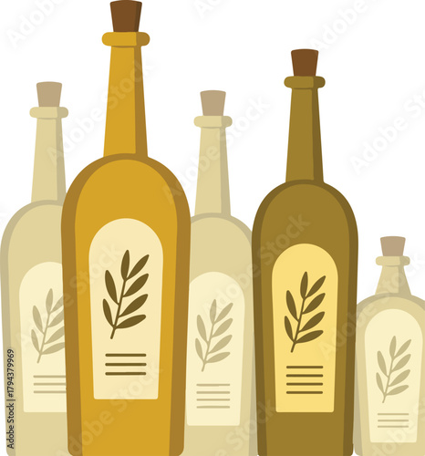 Five bottles of olive oil vector illustration with olive branch labels and cork stoppers