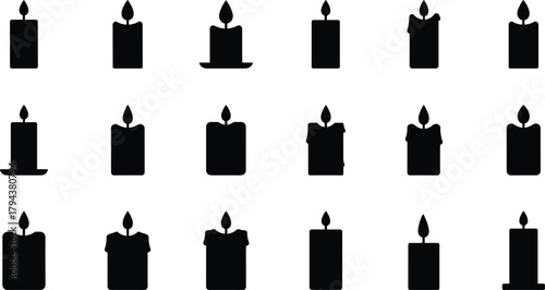 Black candle icons, flame silhouette, wax variations, minimal design, gothic style, spooky decor, Halloween elements, vector illustration, isolated graphic, dark theme