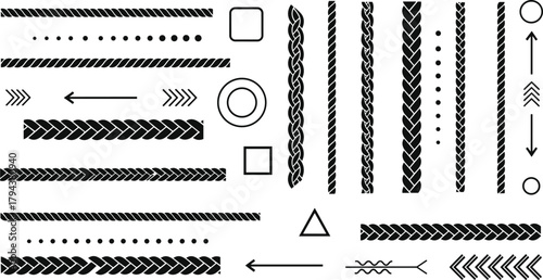 Black vector icons, rope patterns, arrow symbols, geometric shapes, braided cables, technical design elements, abstract lines, direction indicators, graphic set