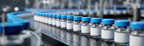 A close-up shot showcases a line of small glass vials with blue caps, arranged neatly on a conveyor belt within a manufacturing facility, highlighting the process of pharmaceutical production