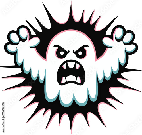 Furious ghost vector character with sharp fangs and glowing aura appearing suddenly on a dark background.