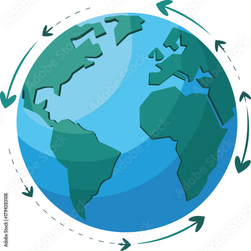 Global earth vector icon with circling arrows symbolizing worldwide connection and environmental issues