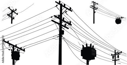 Silhouette illustration of multiple utility poles with transformers, insulators, power lines, voltage grid, energy distribution infrastructure design, electricity supply, flat vector