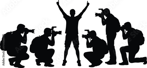 Photographers taking pictures, central person celebrating, cameras focused, travel photography scene, professional photographers silhouettes, media coverage concept, teamwork illustration, flat vector