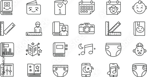 Parenting childcare icons, baby diapers, books, music notes, smartphone tools, family education, childcare essentials, digital parenting symbols, flat vector