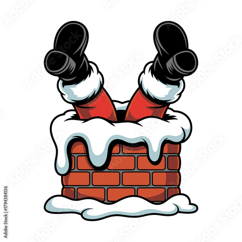 Santa claus stuck in chimney, a funny christmas illustration of santas legs sticking out of the chimney, a humorous holiday image