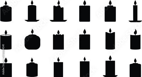 Candle silhouette icons, black wax candles, flame variations, melted tops, candle holders, minimal design, vector set, gothic decor, clipart