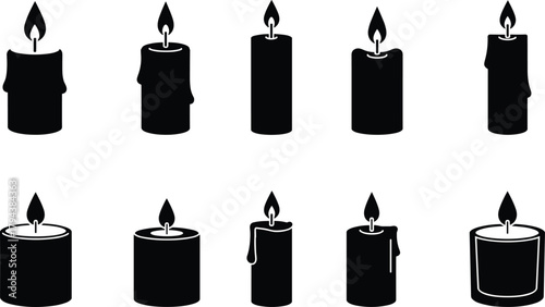 Candle silhouette collection, burning wax shapes, black candle icons, flame variations, minimal candle art, spiritual design, gothic decor elements