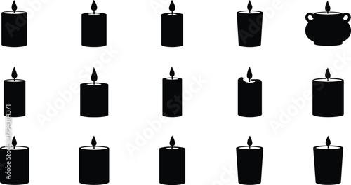 Candle silhouettes, black flame icons, cauldron shape, spooky candle grid, Halloween elements, gothic decor, mystery pattern, dark illustration set