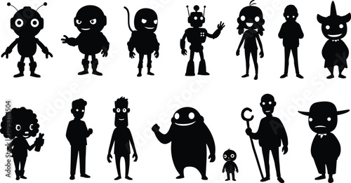 Cartoon character silhouettes, black vector icons, alien monster designs, creative mascot shapes, abstract humanoid figures, unique comic style illustrations