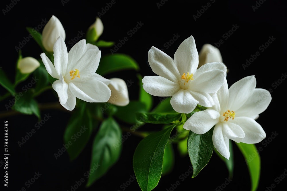 Fototapeta premium A vibrant display of white flowers with yellow centers, blooming on a branch against a dark background.