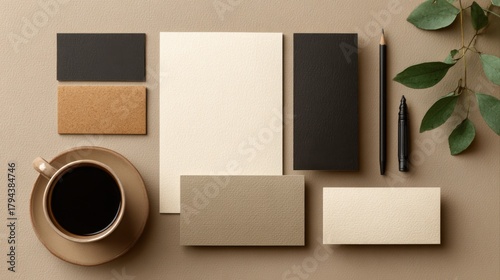 Natural stationery elements coffee cup flat lay