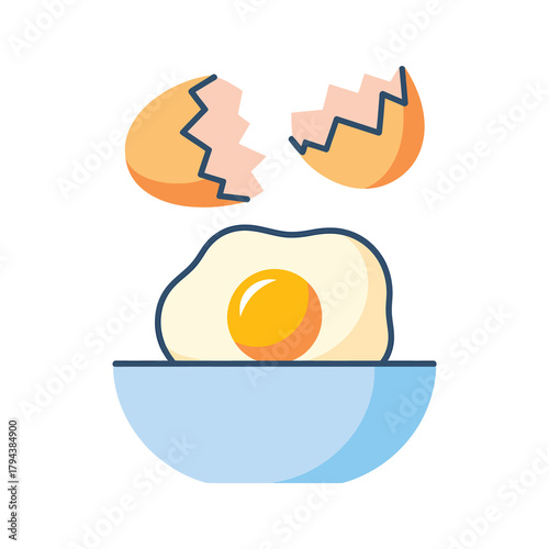 A cracked egg with yolk in a bowl, representing breakfast, cooking, and healthy eating with a simple, colorful design