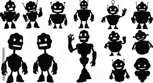 Cartoon robot silhouettes, futuristic character design, cute AI bots, vector illustration, playful robotics, kids tech art, abstract android icons