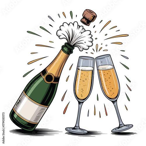 Champagne bottle popping cork with two glasses clinking