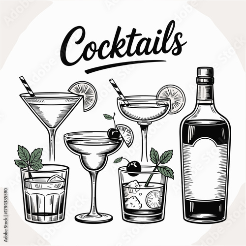 Hand drawn vintage cocktails and liquor bottle drink