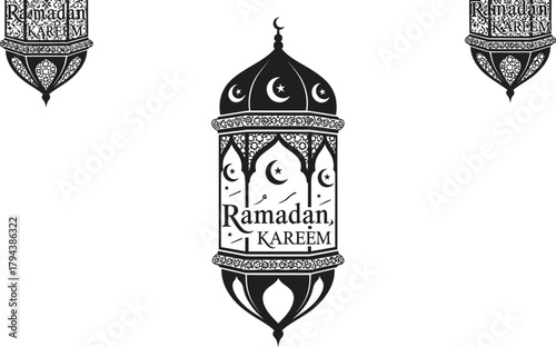 Traditional islamic ramadan lantern with crescent moons and arabic calligraphy isolated on white background