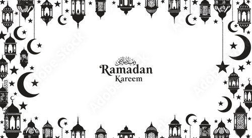 Ramadan kareem decorative border with islamic crescent moons and lanterns for greeting cards and invitations
