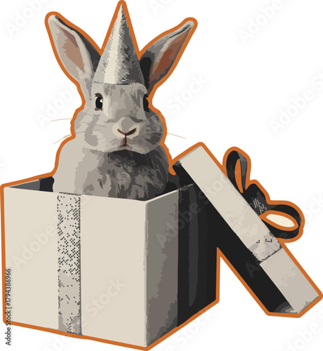 Grey rabbit vector peeking out from an open present box with a dark ribbon a surprising animal gift