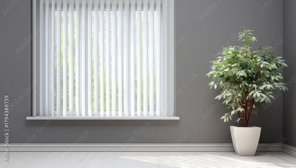 Fototapeta premium Minimalist room interior featuring a window with white vertical blinds, a gray wall, and a potted plant in a white pot, bathed in soft sunlight