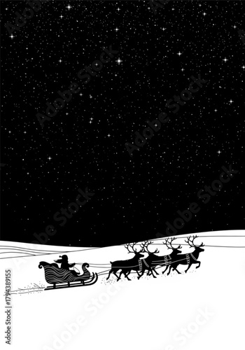 A classic black and white illustration of Santa Claus riding his sleigh pulled by a team of reindeer.
