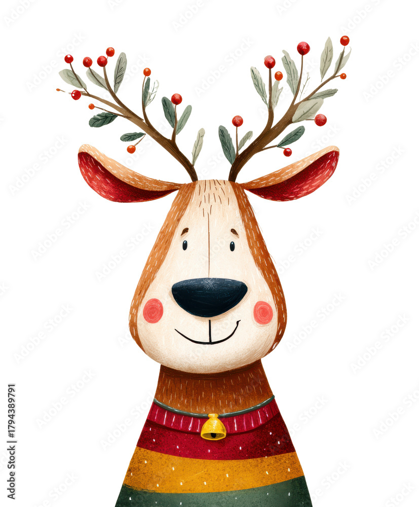 Naklejka premium Cute reindeer portraits christmas smiling holiday animal face with festive antler foliage and berries