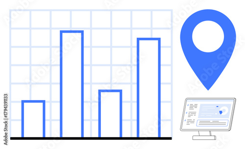 Bar chart on grid background with blue geolocation icon beside a computer monitor showing map data. Ideal for analytics, location tracking, business strategy, marketing, research, navigation, or