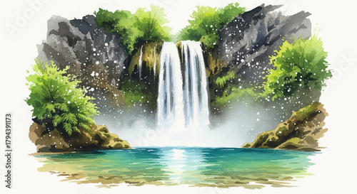 A serene modern watercolor painting of a lush waterfall cascading into a turquoise lagoon, a beautiful nature landscape illustration