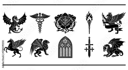 Heraldry and mythology icon set