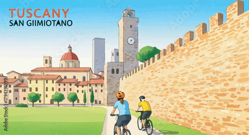 Tourists cycling near historic European medieval city wall travel illustration design
