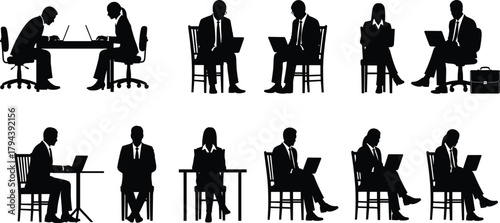 Business people silhouettes, office teamwork, corporate meeting, laptop work, seated professionals, formal attire, workplace collaboration, business communication, executive posture, productivity, 