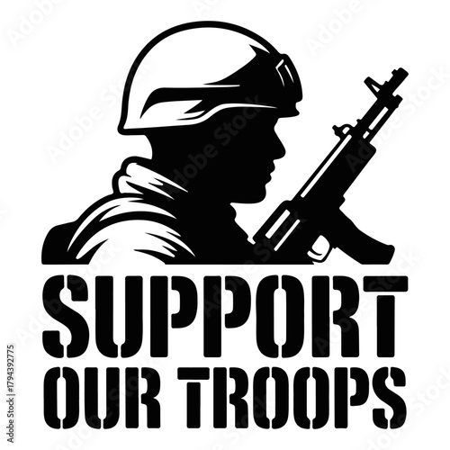 Soldier helmet and rifle silhouette in bold style, honoring American soldiers. Great for patriotic t-shirts.