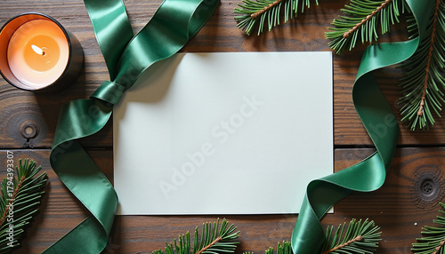 Blank beige card with pumpkin, oranges, pine branches, and golden ribbon on gray surface, festive seasonal mix