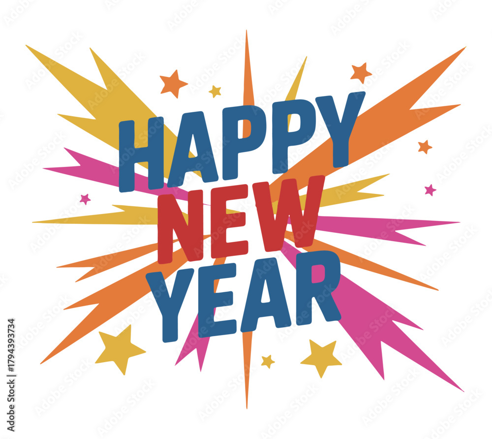 Fototapeta premium Happy New Year text with colorful starburst and star accents.