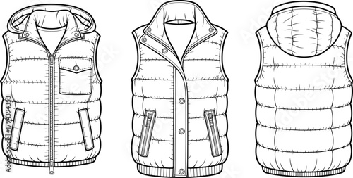 Padded vest technical sketch, front back view, detachable hood, quilted outerwear design, zipper pockets, garment construction, fashion flat, apparel template, winter clothing illustration