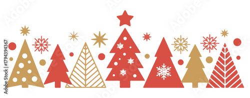 Row of decorative red and gold Christmas trees with stars and snowflakes on a white background.