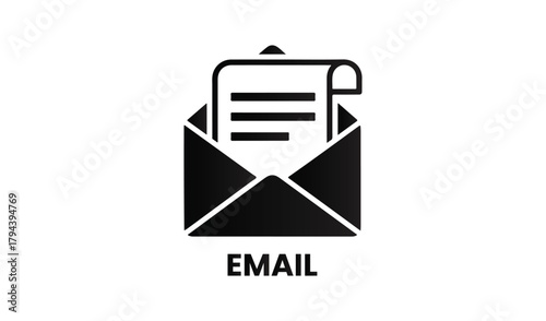 Black and white icon of an open envelope with a document inside and the word email
