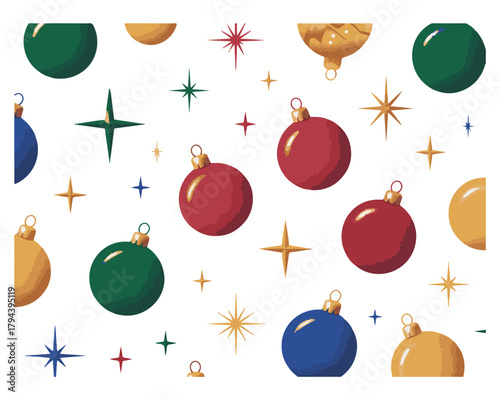 A festive seamless pattern of colorful Christmas baubles and sparkling stars on a white background.